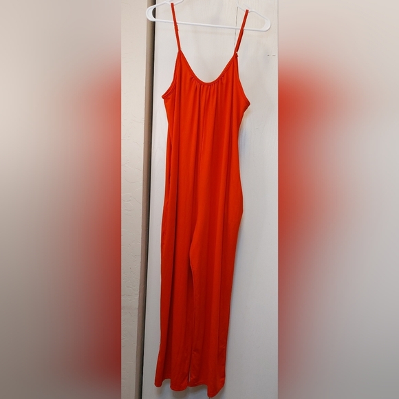 Red Wide Leg Cami Jumpsuit Size XL Ankle Length Adjustable Straps Pockets Comfy - Picture 7 of 7